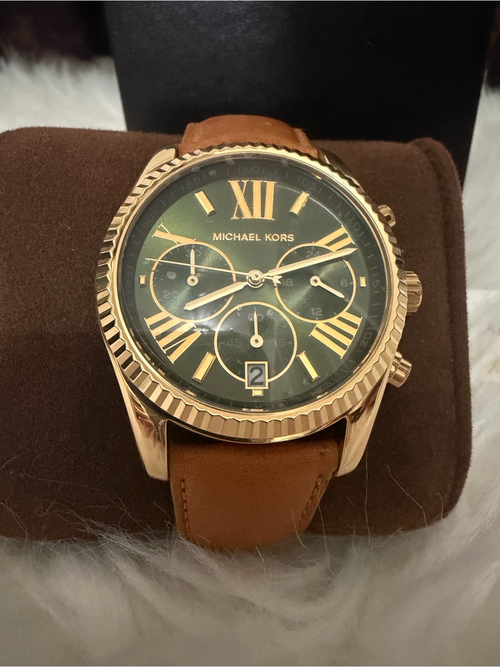 Michael Kors Gold-Tone Watch with Green Dial and Brown Leather Strap